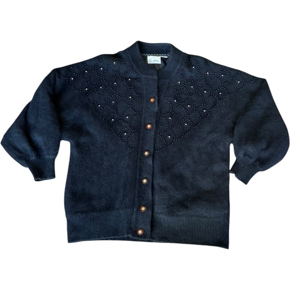 Vtg Sia Bellini black Floral Jeweled Rabbit Hair Wool Blend Cardigan Large